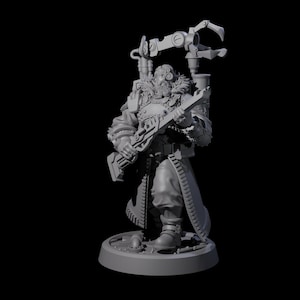 May include: A grey miniature figure of a character with a mechanical arm and a weapon. The figure is wearing a coat with fur trim, goggles, and a beard. The figure is standing on a circular base.