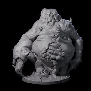 May include: A gray, grotesque monster figurine with a large, distorted body, open mouth, and claw-like hands. The creature has a swollen belly and exposed internal features, standing on a stone base. The overall design suggests a fantasy or horror theme.