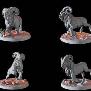 May include: Four white 3D printed miniature figures of a ram or mountain goat in various poses. The figures are standing on round bases with a textured surface.