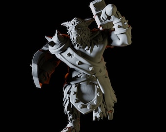 May include: A white painted miniature figurine of a furry, humanoid creature with a large club in its right hand. The creature is wearing a studded leather skirt and a cloak with a pointed hood.