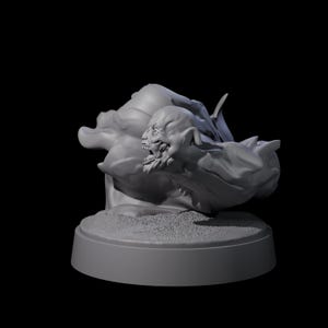 May include: A gray, 3D-printed sculpture of a grotesque creature with an open mouth, sharp teeth, and detailed facial features. The sculpture is mounted on a round base with a textured surface, set against a black background.