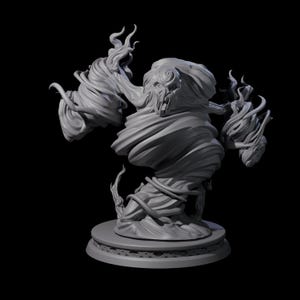 Pode incluir: Uma figura de fantasia cinzenta, impressa em 3D, de um ser etéreo rodopiante. A figura tem uma forma humanoide, com um rosto e apêndices fluidos em forma de nuvem. Fica sobre uma base redonda com uma borda decorativa.