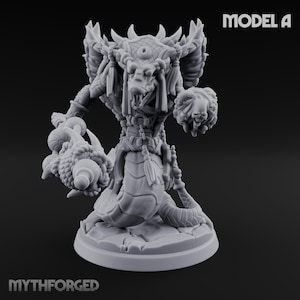 May include: A grey miniature figure of a mythical creature, featuring a snake-like lower body and a humanoid upper body. The figure has detailed armour, horns, and holds a weapon. The base is round, and the text "MYTHFORGED" is visible.