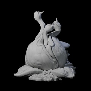 May include: A white sculpture of three swans intertwined, with their necks arched and beaks touching. The sculpture has a smooth, matte finish and sits on a base of stylized leaves and rock-like formations. The background is black.