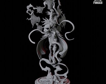 May include: A detailed gray figurine of a mythical figure with elaborate clothing and accessories, including a headdress and flowing fabric. The base is 75mm in diameter, and the figure is 32mm tall. The Myth Forged logo is in the upper right corner.