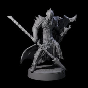 May include: A grey, 3D-printed figurine of a warrior in armour, holding a spear and shield. The warrior has a helmet with a pointed crown and is standing on a circular base. The armour has intricate details.