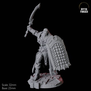 May include: A gray miniature figure of a warrior, wielding a curved sword and shield. The figure is on a rocky base. The shield has a scale-like pattern. The figure is 32mm tall, with a 25mm base. The Myth Forged logo is in the upper right corner.