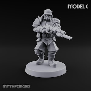May include: A gray resin miniature figure of a soldier wearing a gas mask and a helmet, holding a rifle with an attached bayonet. The figure is standing on a circular base. The text MODEL C and MYTHFORGED are visible in the image.