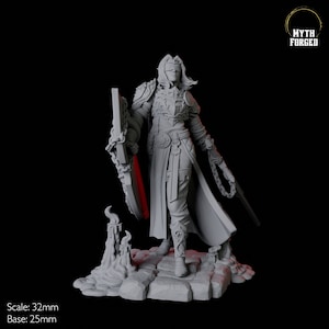 May include: A gray 3D printed miniature of a female figure wearing armor and holding a shield and a sword. The figure is standing on a base with a sculpted stone design. The miniature is 32 mm in scale and the base is 25 mm in diameter.