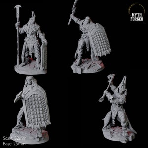 May include: Three gray 3D printed miniatures of fantasy warriors. Each miniature is holding a weapon and has a detailed design. The miniatures are standing on a gray base.