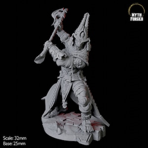 May include: A gray miniature figurine of a warrior in detailed armor, wielding a battle axe. The figure stands on a stone base. The text "Myth Forged" is in the upper right corner. The scale is 32mm, and the base is 25mm.