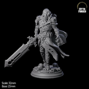 May include: A grey 3D printed miniature of a warrior figure holding a sword. The figure is wearing armour and a cloak. The figure is standing on a base with skulls. The miniature is 32 mm in scale and the base is 25 mm in diameter. The text "MYTH FORGED" is visible in the top right corner of the image.