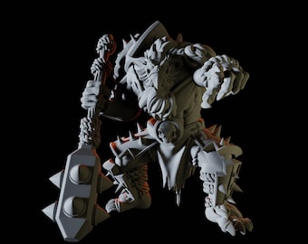 May include: A gray, detailed miniature figurine of a warrior with a large spiked club. The warrior is wearing armor and a helmet with a beard.