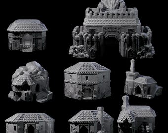 May include: A set of seven miniature gray castle buildings, including a tower, a gatehouse, and several smaller structures. The buildings are made of a textured material and have intricate details.