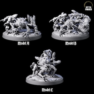 May include: Three detailed miniature models of monstrous creatures, labeled Model A, Model B, and Model C. Each model is a light grey colour and features intricate, grotesque designs. The models are on round bases, perfect for tabletop gaming or collecting.