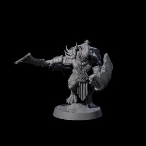 May include: A gray, detailed miniature figure of a fantasy creature, holding a large sword in one hand and a shield in the other. The figure is standing on a circular base, with intricate armor and a textured surface.