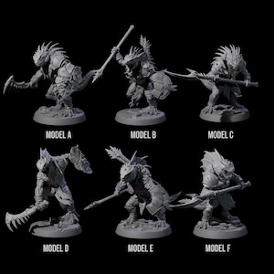 May include: Six gray miniature fantasy figures, each depicting a reptilian humanoid warrior in various poses. Each figure is on a circular base and labeled with a letter from A to F. The warriors are armed with weapons such as spears, swords, and shields.