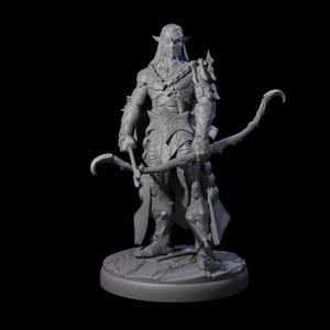 May include: A detailed, grey figurine of an elf warrior, standing on a textured base. The warrior is clad in armour and holds a bow and arrow. The elf has pointed ears and a mask covering the lower half of their face. The figure is set against a black background.