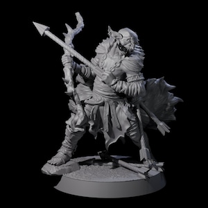 May include: A grey, 3D-printed figurine of a fantasy warrior. The figure is posed with a bow and arrow, and is wearing armour and a fur-like cape. The warrior has a fierce expression and is standing on a circular base. The arrows are approximately 25 cm long.