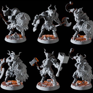 Sześć figurek Minotaur Warriors do gier D&D, Dungeons and Dragons, Pathfinder i wielu innych gier planszowych