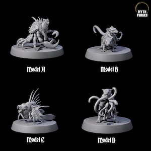 Può includere: Quattro modelli in miniatura dettagliati di creature fantasy su basi circolari. Il modello A è una creatura simile a un granchio. Il modello B è una creatura simile a un ratto. Il modello C è una creatura simile a un pesce. Il modello D è una creatura simile a un cane con tentacoli.