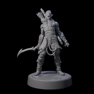 May include: A grey 3D-printed fantasy figure of a warrior with a bow and arrows, a curved blade, and detailed armour. The figure is standing on a circular base, with a menacing expression.