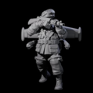 May include: A gray figurine of a soldier in a vintage flight suit, goggles, and a helmet, holding a weapon. The figure has a jetpack attached to its back. The soldier is in a combat stance, with boots and a utility belt.