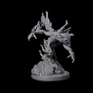 Può includere: Figurina grigia di creatura fantasy stampata in 3D. La figura è posata dinamicamente, con le braccia tese e un volto mostruoso dettagliato. Si erge su una base rocciosa, con elementi a forma di fiamma che si estendono dal suo corpo.