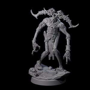 May include: A gray, detailed figurine of a horned creature with a skeletal appearance. The figure has a long, slender body, intricate armor, and a base with small skulls. The creature's horns are large and curved.