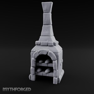 May include: A light grey miniature stone oven with a tall chimney and an arched opening. The structure features two interior shelves, each holding two small loaf-shaped items. The base is rectangular, and the text MYTHFORGED is visible at the bottom.