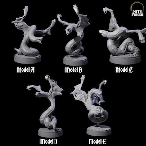 May include: Five grey miniature fantasy serpent models, each with a unique pose and design. The models are labelled A through E, and feature snake-like bodies with bat-like wings and clawed hands. The Myth Forged logo is in the upper right corner.