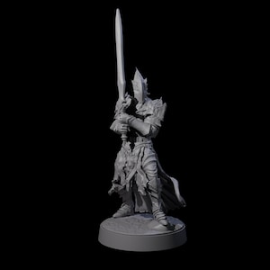 May include: A gray figurine of a knight in full armor, holding a long sword aloft. The knight is standing on a circular base. The armor has intricate details, and the figure is set against a black background.