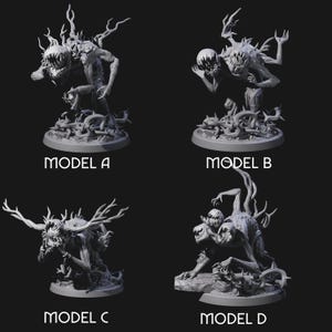 May include: Four detailed 3D models of fantasy creatures, each with a unique design. Model A stands upright with a toothy maw, while Model B holds its head. Model C has large antlers, and Model D is on all fours. Each model is labeled with its corresponding letter.