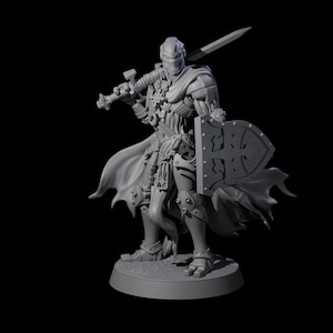 May include: A gray, detailed figurine of a knight in full armor, holding a sword and shield. The knight has a helmet, cape, and intricate armor plating. The shield features a cross design. The figurine is standing on a circular base.