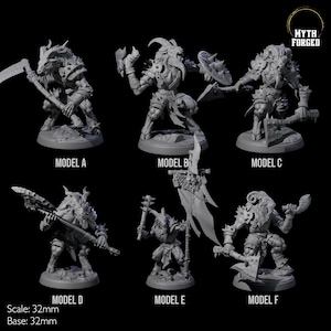 May include: A collection of six unpainted miniature fantasy figures, each depicting a horned humanoid warrior in dynamic poses. The figures are labeled Model A through F, with a scale of 32mm and a base of 32mm. The Myth Forged logo is in the upper right corner.