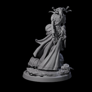 May include: A gray 3D-printed figurine of a fantasy character with a long beard, horns, and flowing robes. The figure stands on a circular base with a detailed, textured design. The character is holding a staff or weapon.