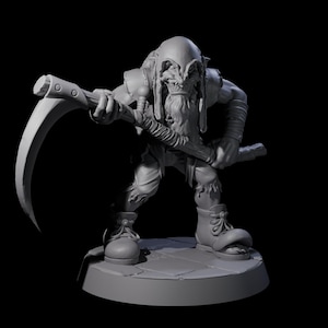 May include: A grey figurine of a menacing creature with a scythe. The figure has a hooded head, a long beard, and tattered clothing. It is holding a curved scythe with both hands, ready for action. The figurine is on a circular base.