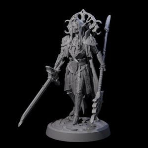 May include: A gray figurine of a warrior, holding a sword and a spear-like weapon. The warrior is wearing armor and a decorative headpiece. The figurine is standing on a round base.