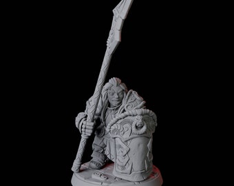 Puede incluir: Una figura en miniatura gris de un guerrero enano sosteniendo una lanza y un escudo con intrincados tallados. El enano lleva armadura y tiene una expresión feroz en su rostro.