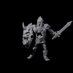 May include: A grey, 3D-printed skeleton warrior figurine. The warrior is clad in armour, holding a sword and a shield with a skull design. The figurine has a helmet and is posed as if ready for battle. The background is black.