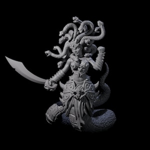 May include: A gray 3D-printed figurine of Medusa, a mythological figure with snakes for hair. She is depicted holding a curved sword in one hand and clenching the other fist. The figure has a detailed design and is set against a black background.