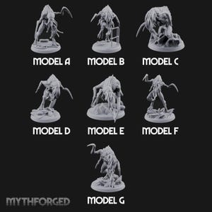 May include: A collection of seven grey unpainted resin miniature figures labeled Model A through Model G, featuring tentacled humanoid creatures in various poses on circular bases. The text Mythforged is visible in the bottom left corner.