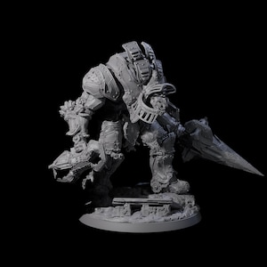 May include: A detailed, gray miniature figure of a heavily armored warrior, holding a large, bladed weapon. The figure is posed on a textured base, with intricate armor plating and mechanical details. The background is black.