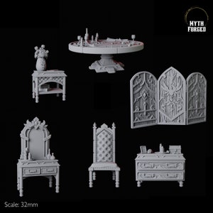 May include: A collection of miniature gray fantasy furniture, including a table, side table, screen, vanity, chair, and dresser. The table is round with a detailed base. The scale is 32mm.