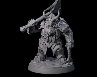 May include: A gray, 3D-printed miniature of a fantasy warrior, wielding a large axe. The figure is heavily armored with intricate details, including horns, braided elements, and a detailed base. The overall design suggests a character from a tabletop game.