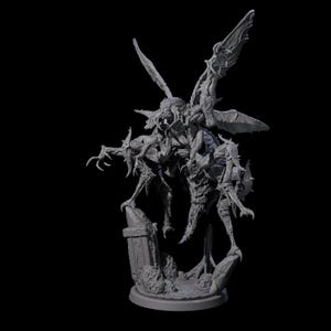 May include: A detailed grey sculpture of a monstrous creature with multiple limbs, large wings, and a grotesque face. The figure stands on a stone base with a round platform, set against a black background. The sculpture has a detailed, textured surface.