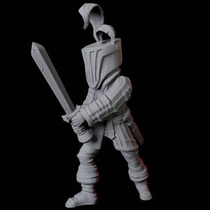 May include: A gray plastic miniature figurine of a knight wearing armor and a helmet with a feathered plume. The knight is holding a sword in his right hand.