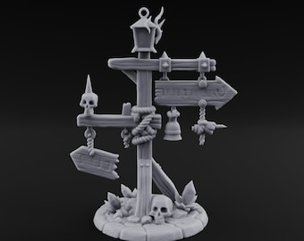 Bell-Hung Skull-Spiked Waymarker Signpost 3D Printed Terrain for D&D, Dungeons and Dragons, Pathfinder and Tabletop Gaming