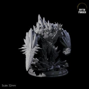 May include: A grey, crystalline creature with a jagged, spiky body and a sharp, pointed weapon. The creature is standing on a circular base.  Myth Forged.