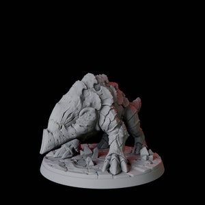 May include: A grey, detailed, 3D printed miniature of a creature with a spiky, armoured body and a long, pointed snout. The creature is standing on a circular base with a textured surface.